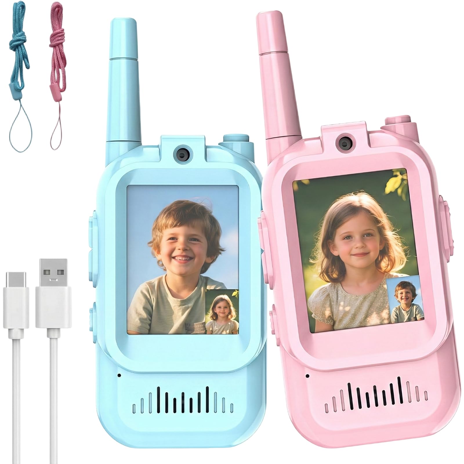 Huiteng XR kids video walkie talkies 2 pack front view for outdoor play and connection