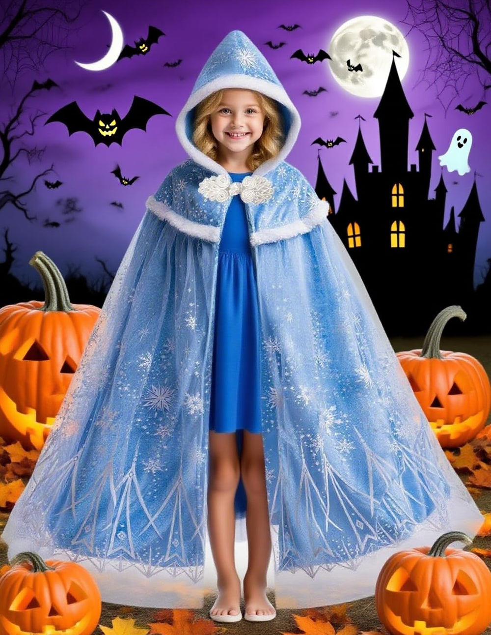 Hulaha Elsa hooded cape with snowflake trim for princess cosplay
