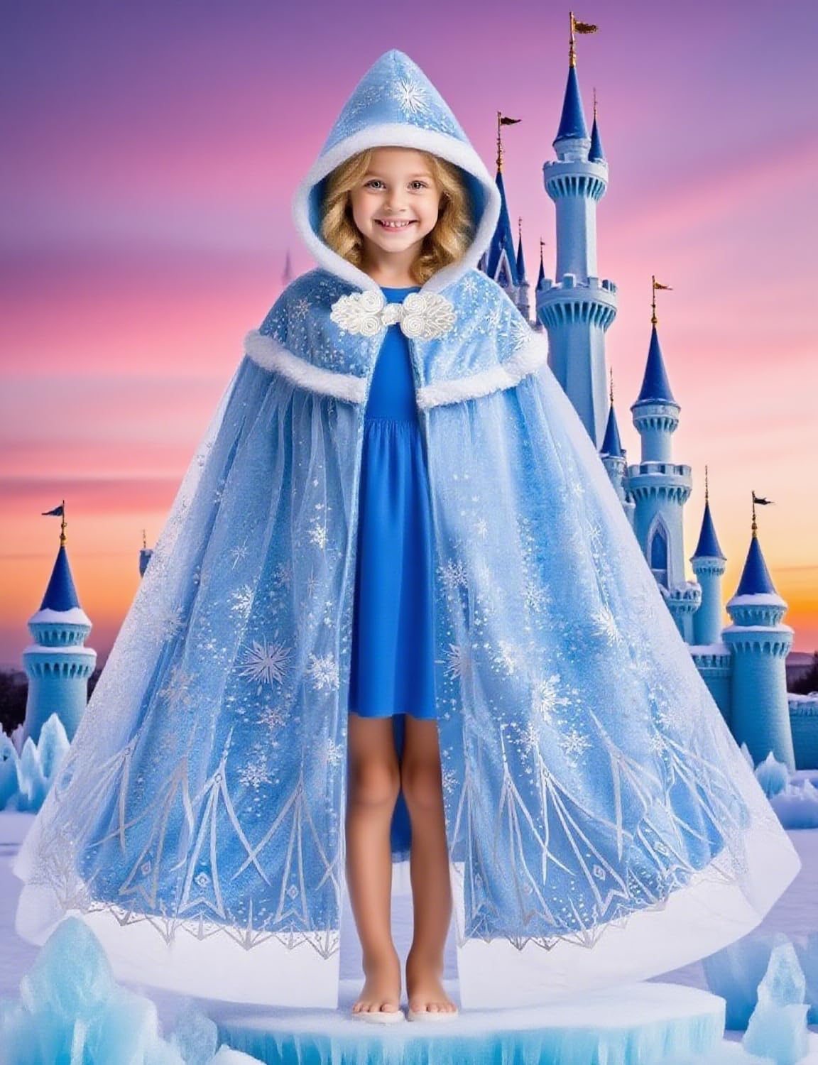 Hulaha Elsa cape back view showing flowing blue velvet for twirl moments
