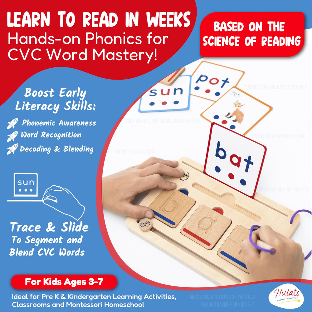 Hulats CVC Word Magic phonics flash cards with vivid double-sided visuals.