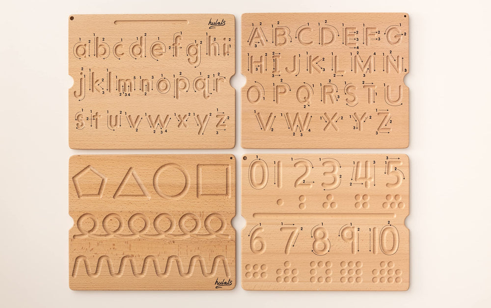 Hulats wooden board provides screen-free learning time with tactile practice.