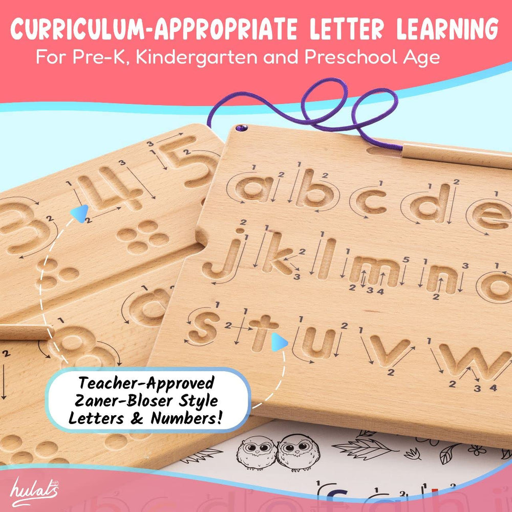 Hulats wooden Alphabet tracing board features large letters for easy prewriting.