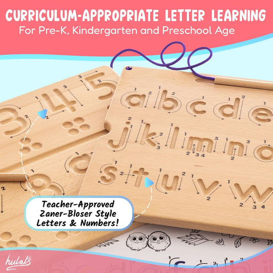 Hulats wooden Alphabet tracing board features large letters for easy prewriting.