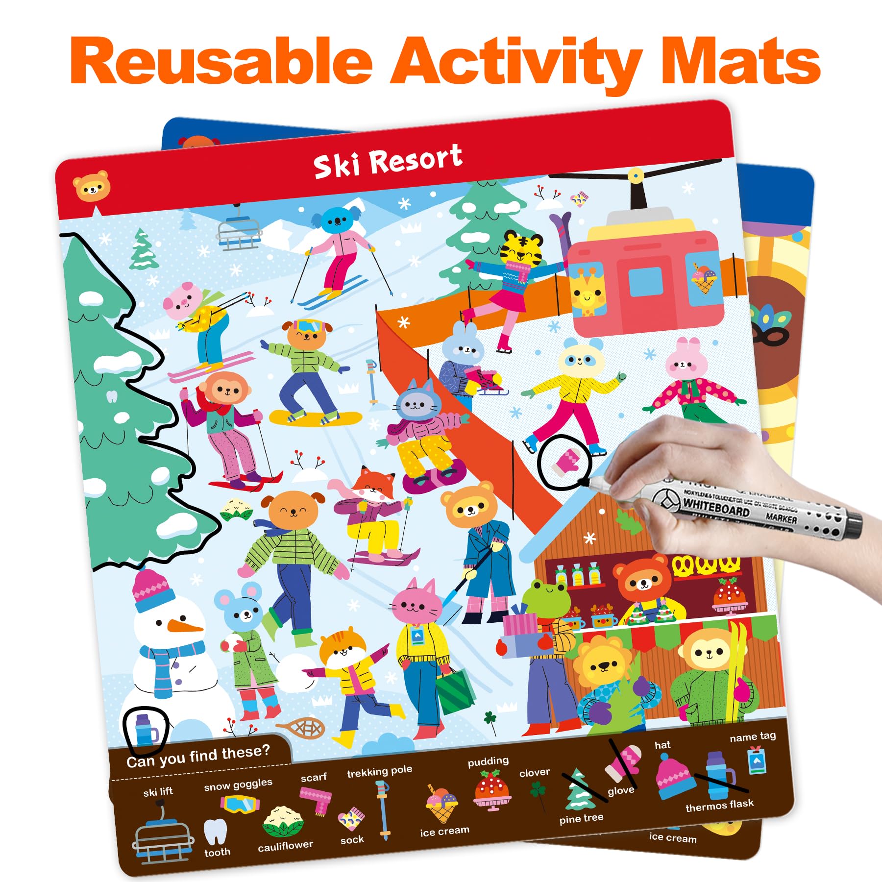 Hulupiggy Search and Find activity mats spread – durable, reusable learning materials.