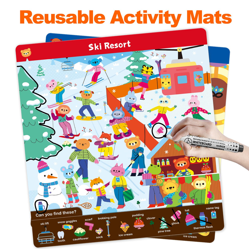 Hulupiggy Search and Find activity mats spread – durable, reusable learning materials.