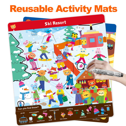 Hulupiggy Search and Find activity mats spread – durable, reusable learning materials.