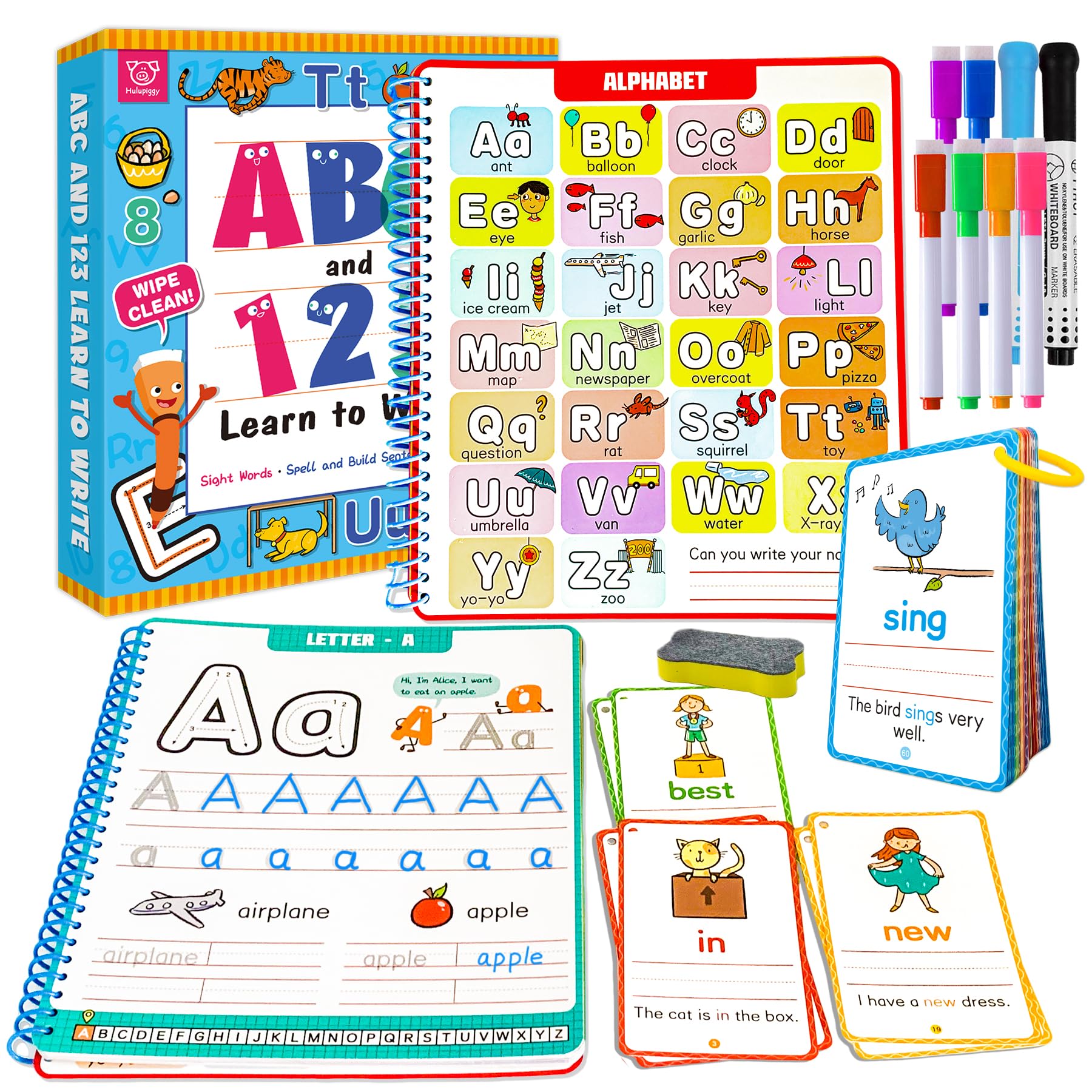 Hulupiggy tracing book pages showing letters and numbers for handwriting practice.