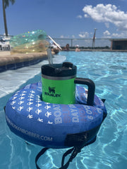 Human Bobber blue large donut-shaped float provides a stable drink holder