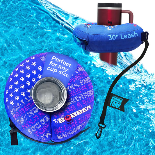 Human Bobber blue large drink holder floating in pool with a beverage