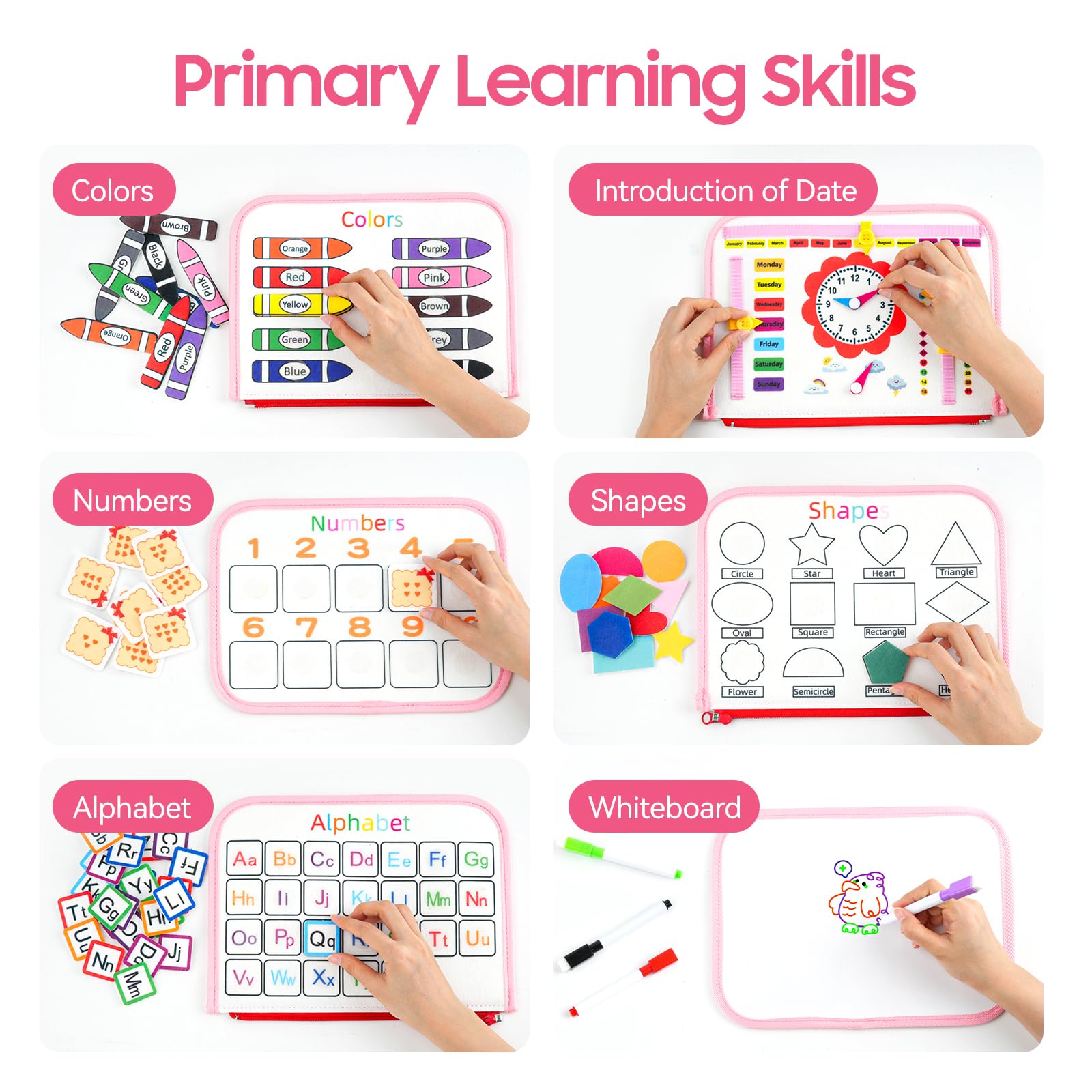 HumorPlay Busy Board presents an alphabet and shapes page for language and cognitive development.