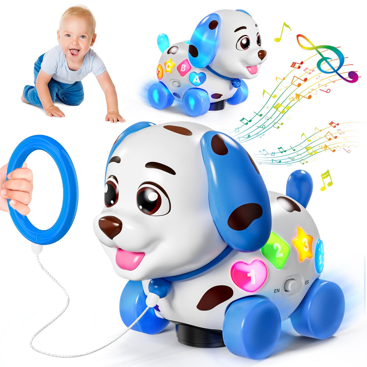 HumorPlay musical puppy toy front view boosts sensory play with lights.