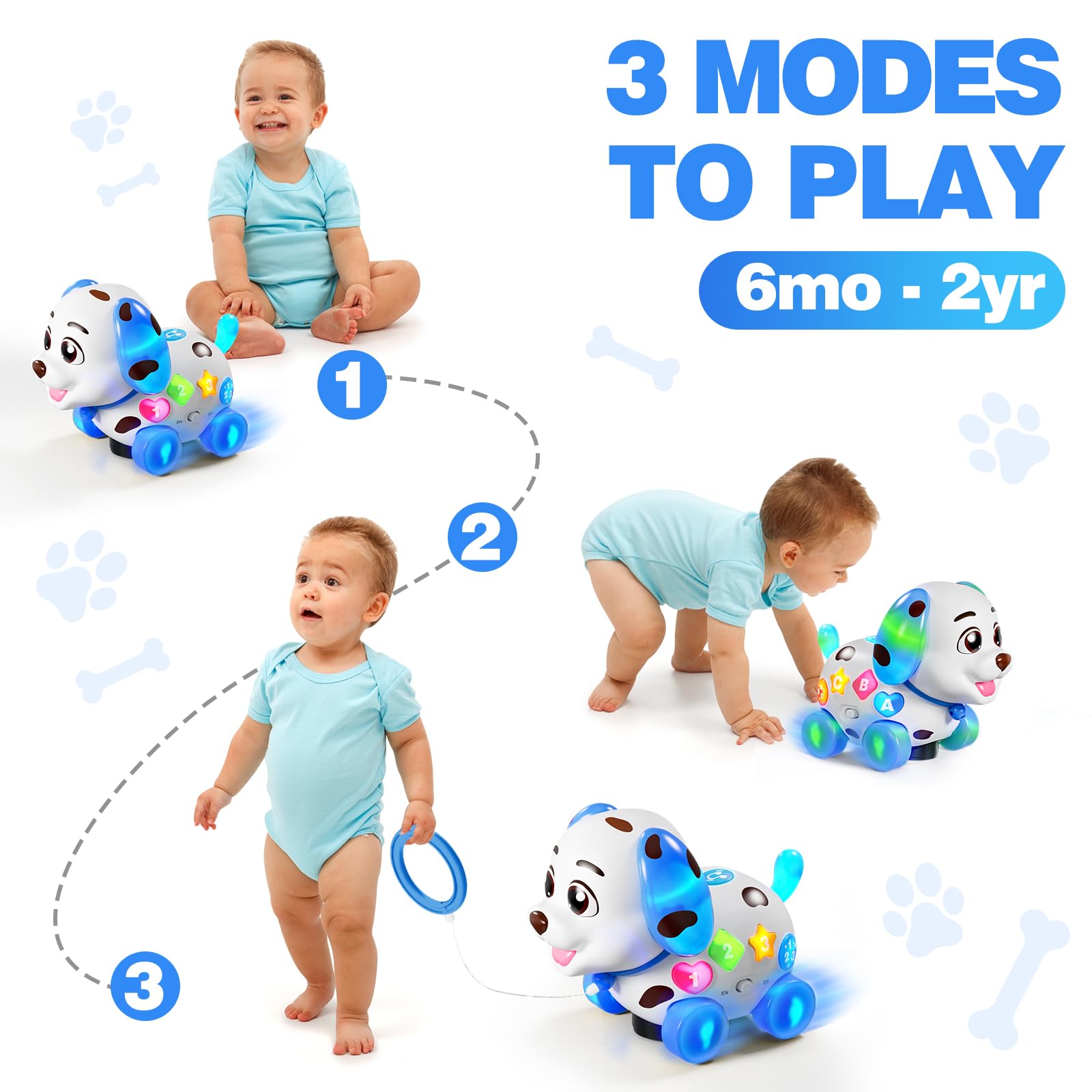 HumorPlay sit-to-crawl mode puppy toy showing colorful lights and music.
