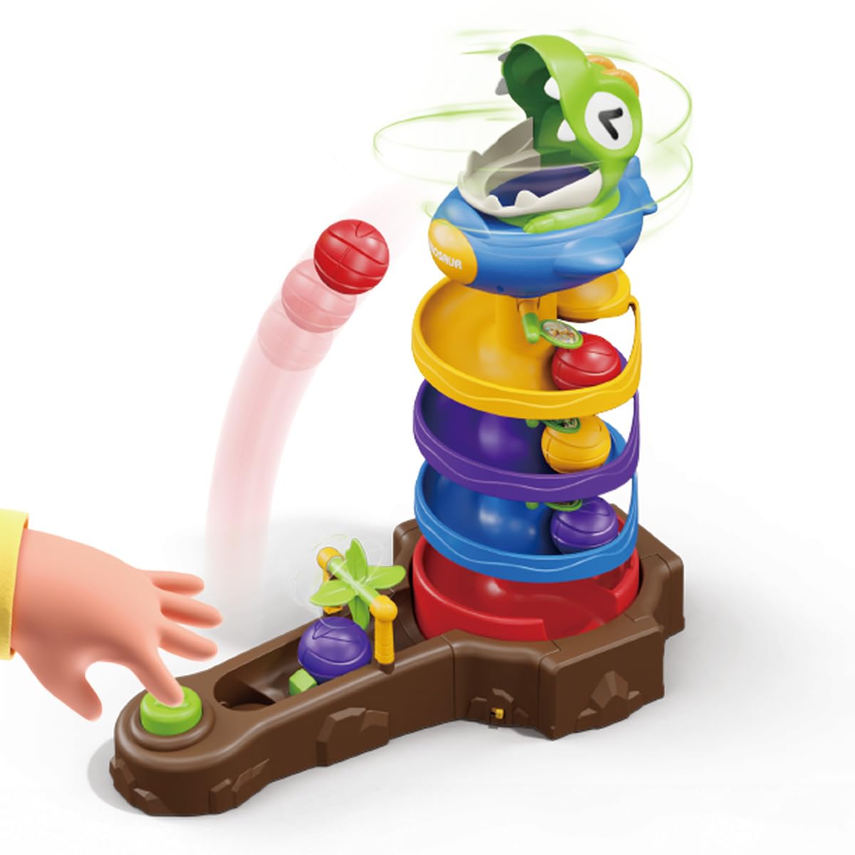 Humzo Dinosaur Ball Drop Tower spins while kids play, boosting coordination