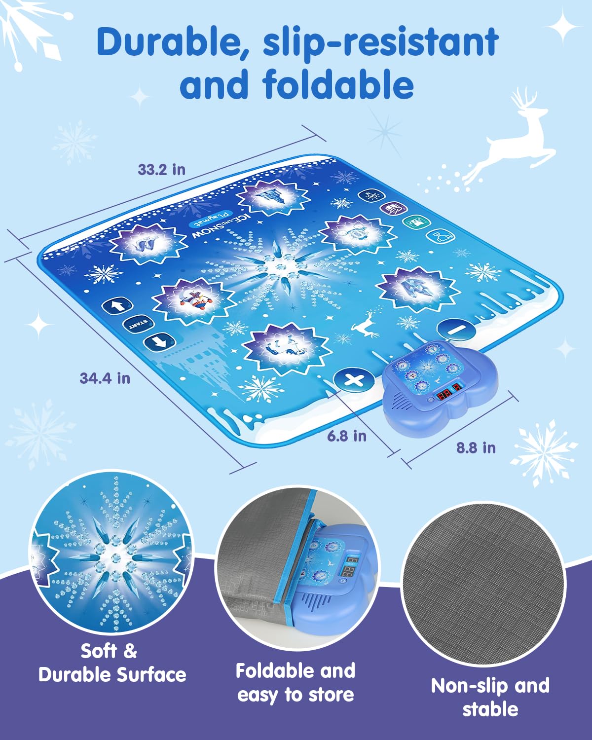 Humzo Frozen dance mat volume controls allow quiet practice or louder parties.