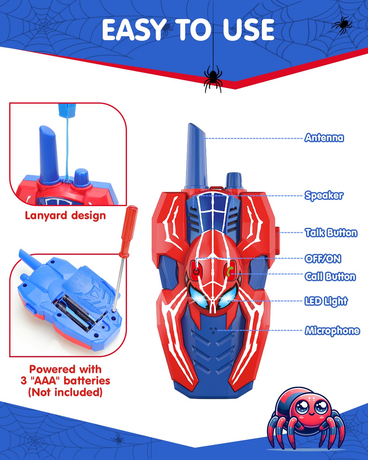 Humzo Spider Hero walkie talkies battery compartment, screws for safety