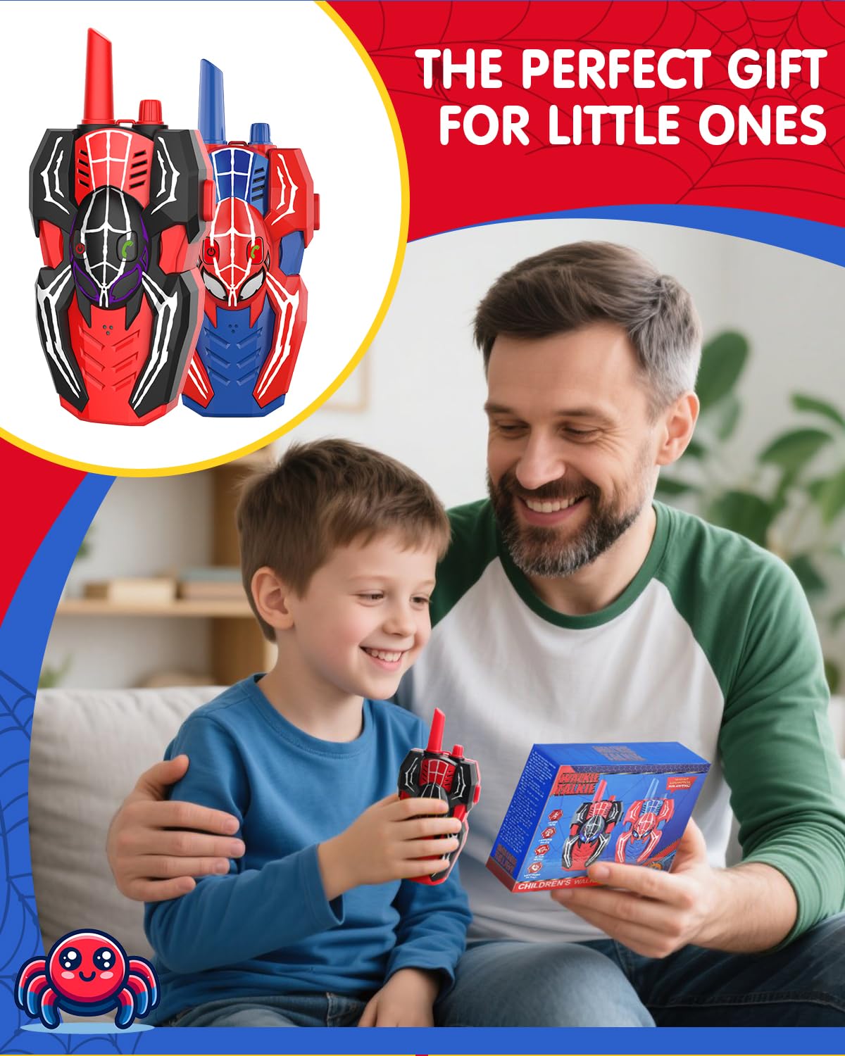 Humzo Spider Hero walkie talkies in hands, easy-to-use for ages 3 and up