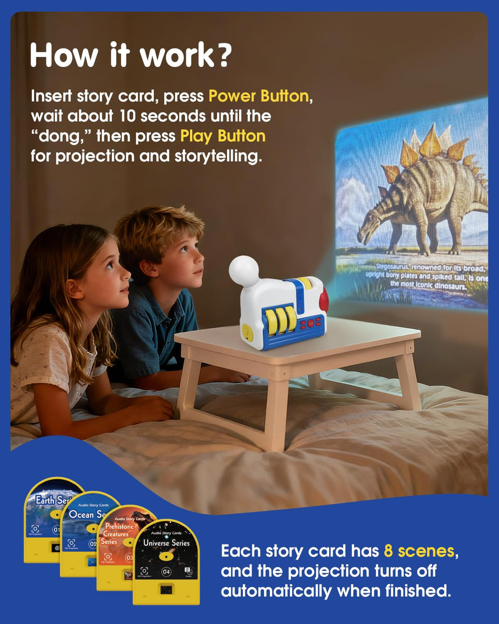 Humzo Story Projection Machine displays prehistoric creatures card to spark curiosity.