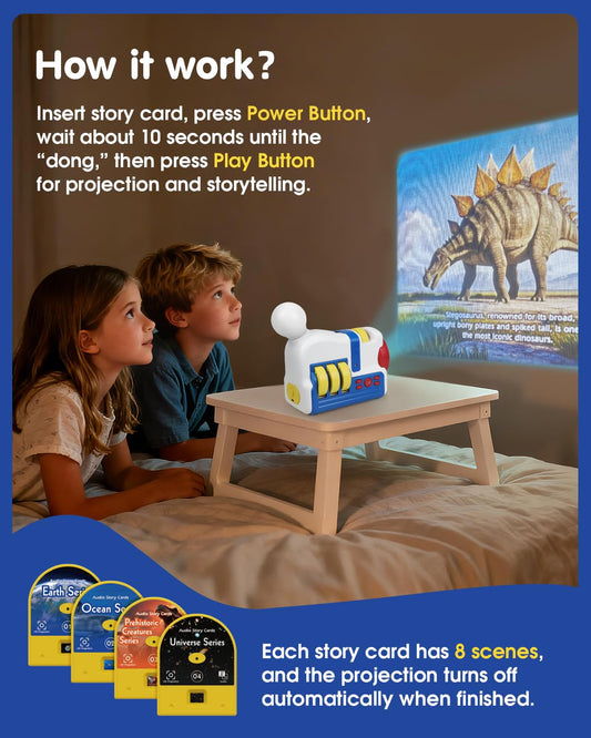 Humzo Story Projection Machine displays prehistoric creatures card to spark curiosity.