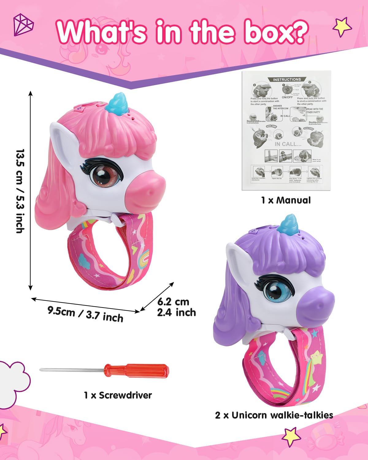 Humzo Unicorn Walkie Talkies offer clear audio and volume control for conversations.