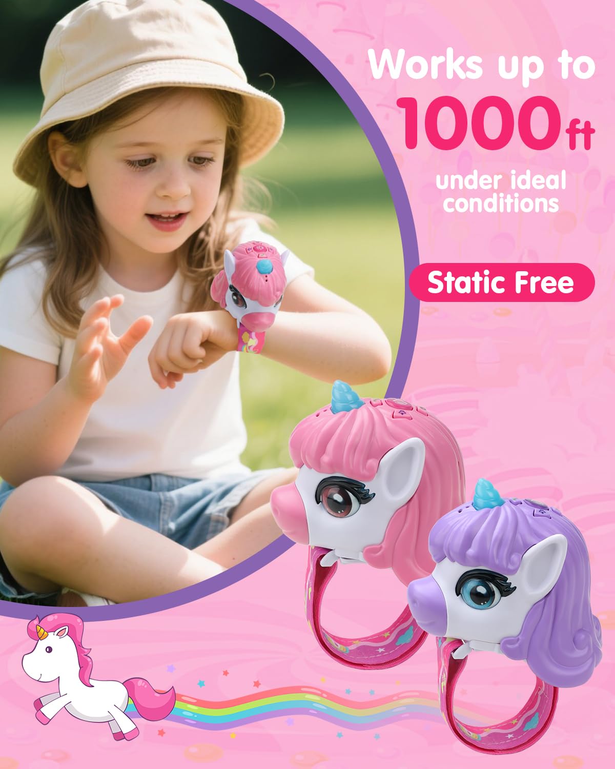 Humzo Unicorn Walkie Talkies worn as watches with adjustable straps for active kids.
