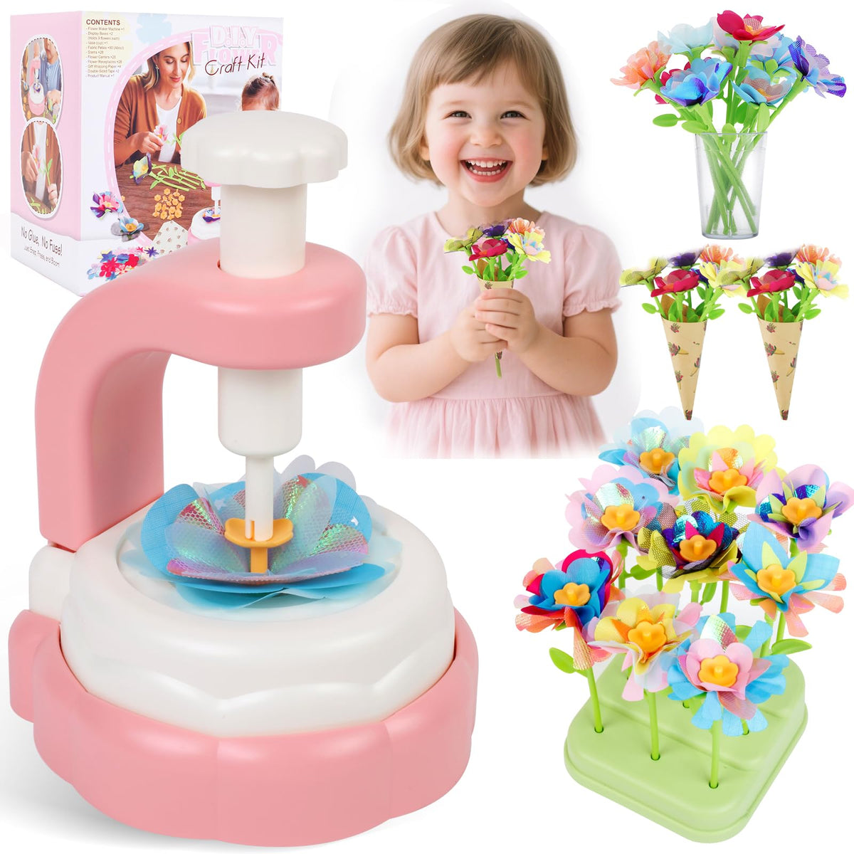 Hunfur DIY fabric flower kit pieces laid out for a colorful, skill-building crafting session.