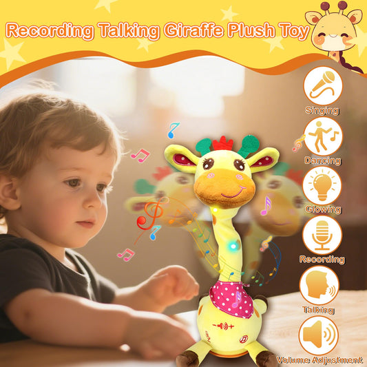 Hunfur giraffe toy with record function for personalized messages and playful repeats.