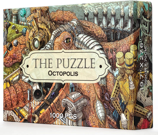 Hungry Minds Octopolis 1000-piece puzzle with intricate octopus scene for adult brain-teasing sessions.