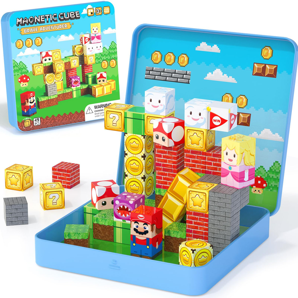 Hunloot 49pcs mini magnetic tiles travel box base for organized play on the go