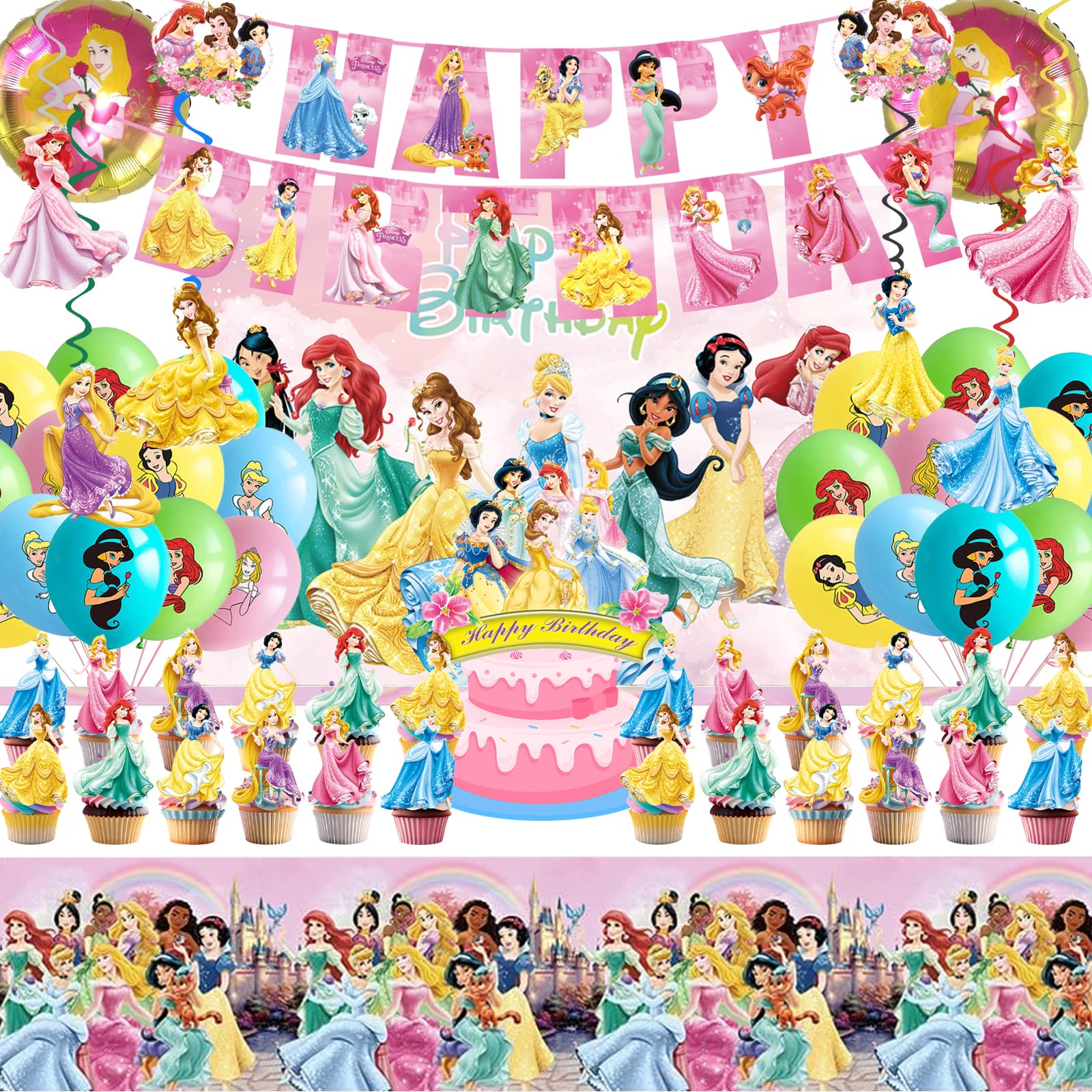 Hupalun Disney Princess banner adds a vibrant focal point to party decor.