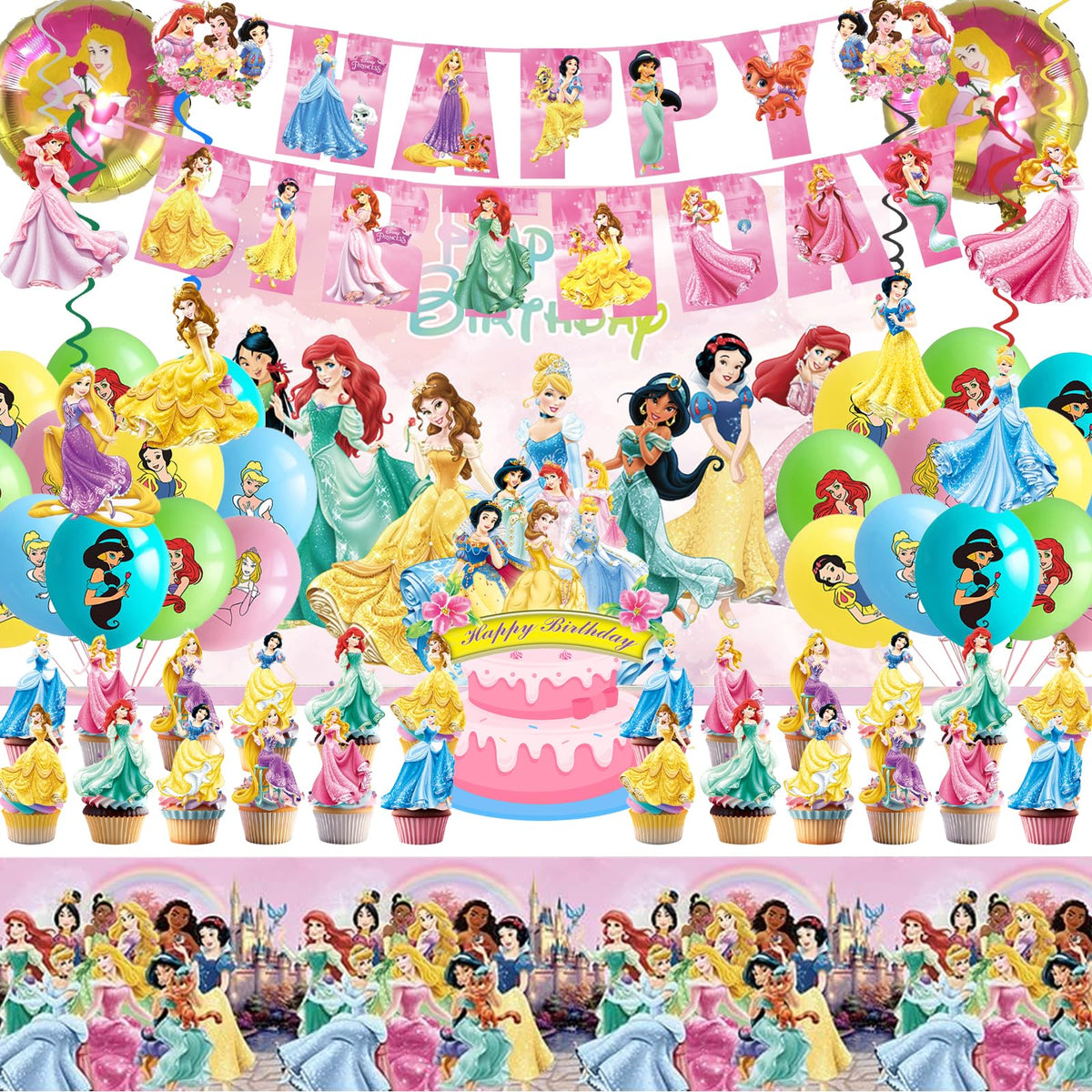 Hupalun Disney Princess banner adds a vibrant focal point to party decor.