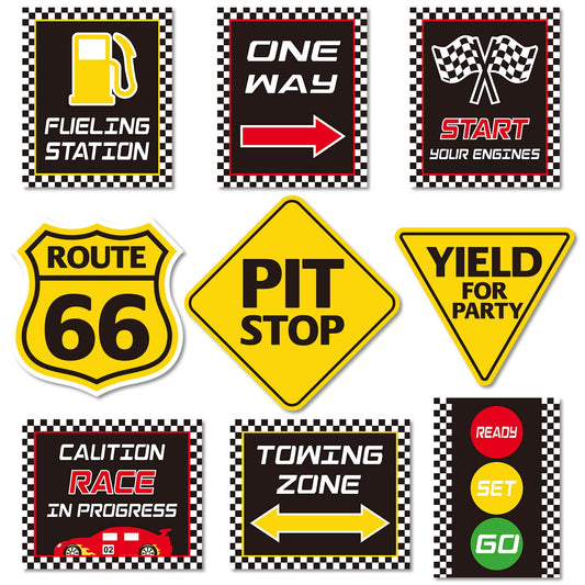 Huray Rayho race car signs set for vibrant kid's party decor.