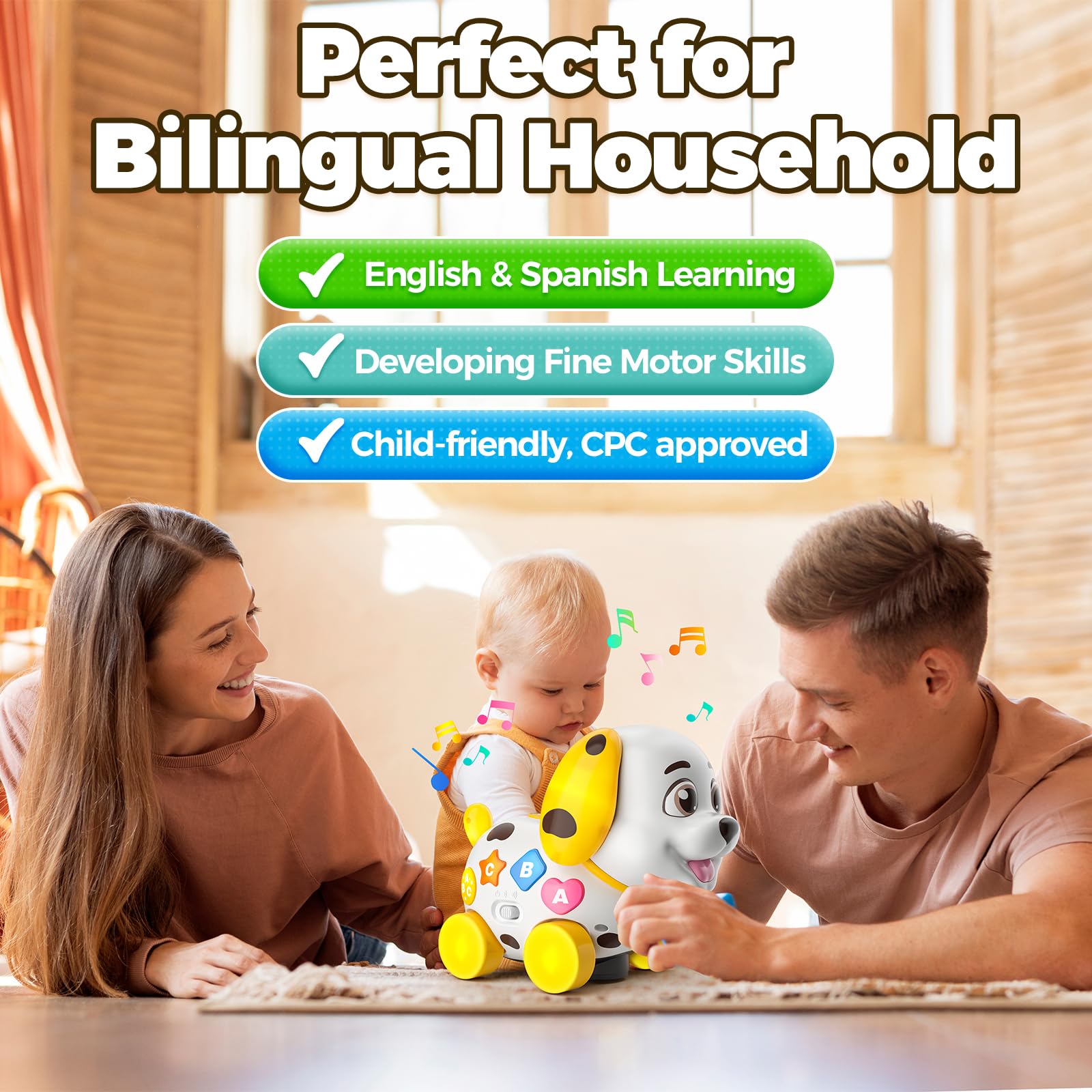 Hurdaos puppy toy uses LEDs and melodies to engage visual, auditory, and tactile senses.