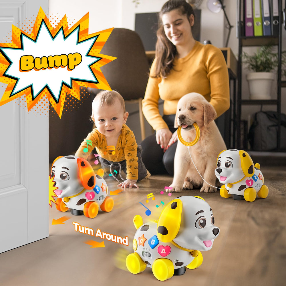 Hurdaos musical puppy toy offers walking mode with string pull for independent play.