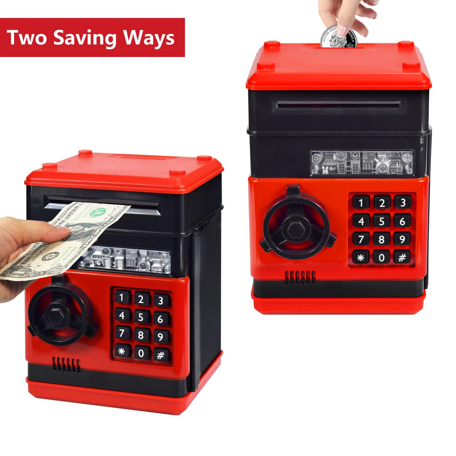 HUSAN piggy bank bill slot shows front loading bills into the safe