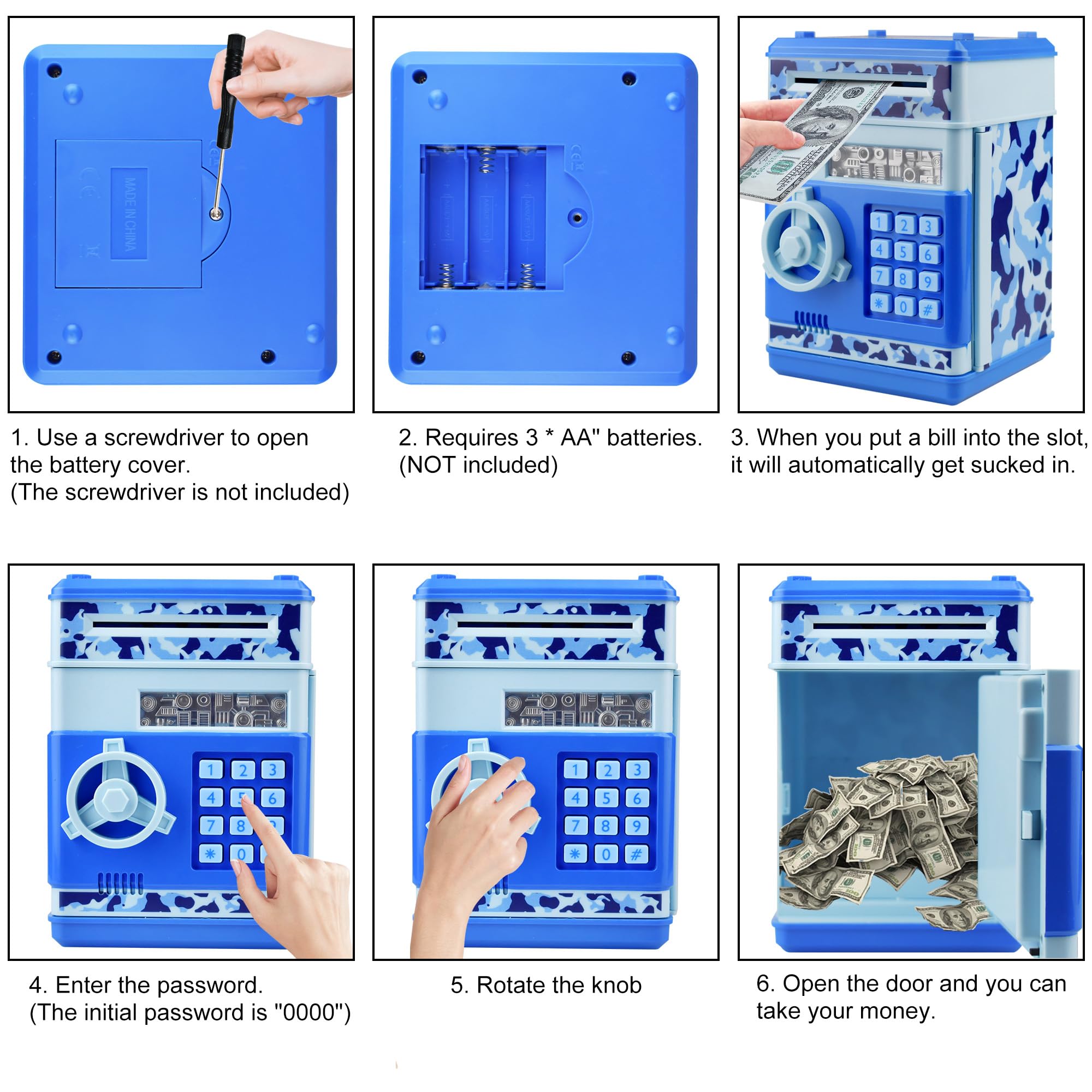 HUSAN camo blue piggy bank ABS material provides sturdy, kid-friendly durability