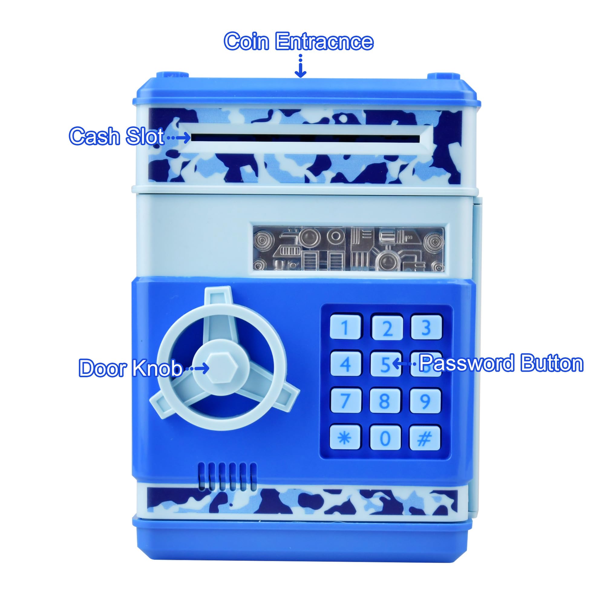 HUSAN camo blue piggy bank bill slot enables easy cash deposits