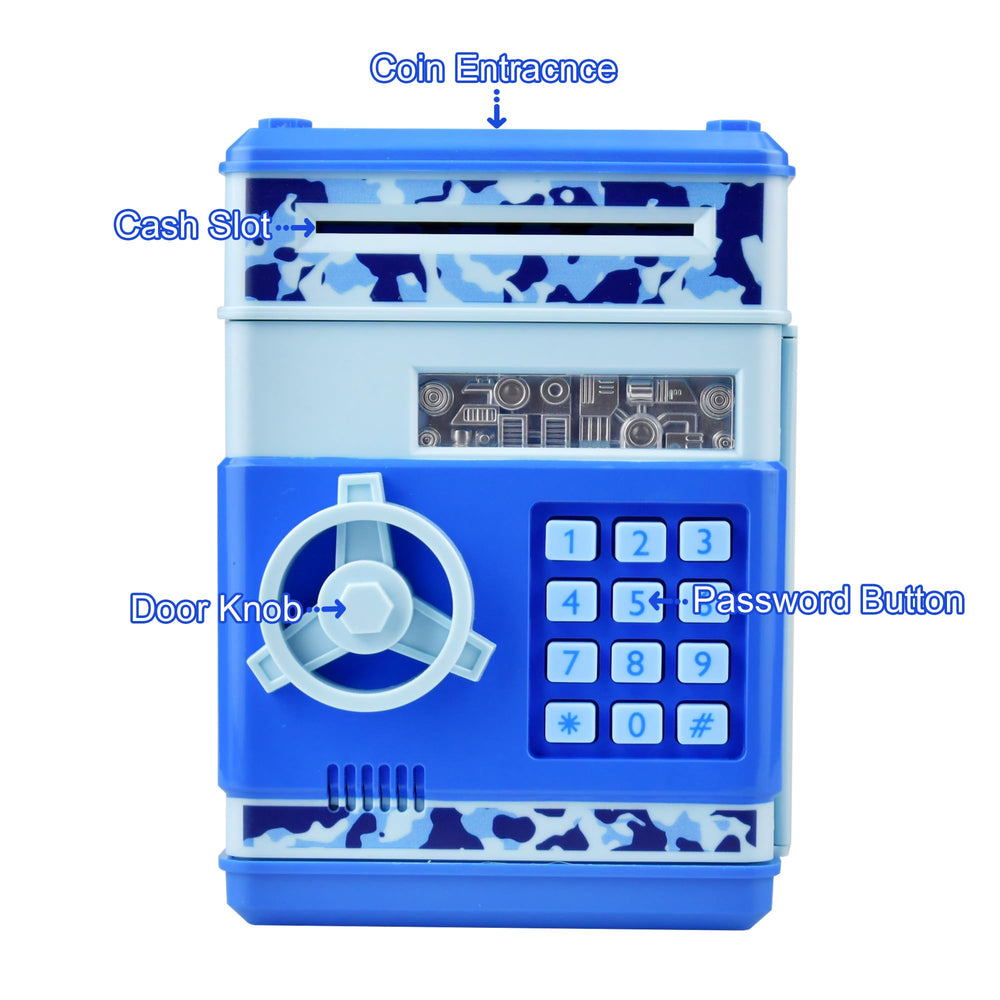 HUSAN camo blue piggy bank bill slot enables easy cash deposits
