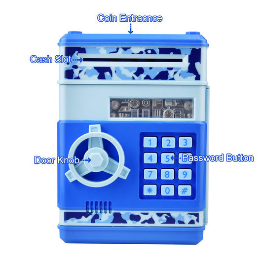 HUSAN camo blue piggy bank bill slot enables easy cash deposits