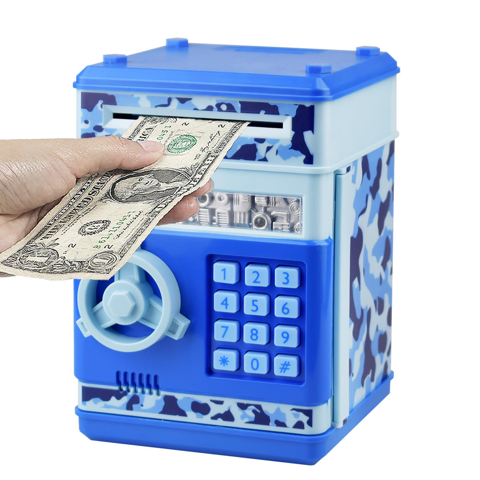 HUSAN camo blue piggy bank front view for kid-friendly savings design