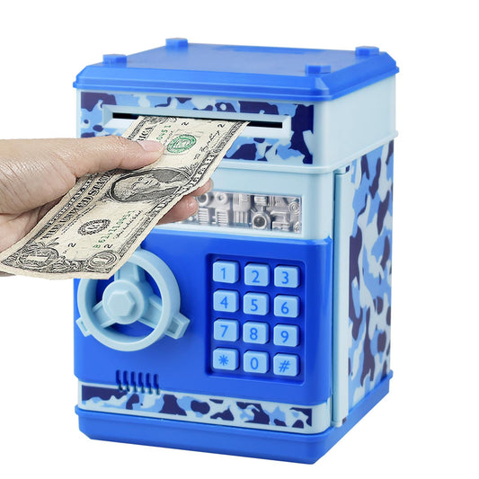 HUSAN camo blue piggy bank front view for kid-friendly savings design