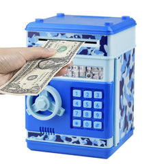 HUSAN camo blue piggy bank front view for kid-friendly savings design
