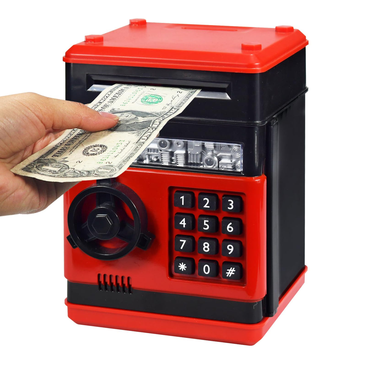 HUSAN piggy bank front view shows kid-friendly red and black design for saving