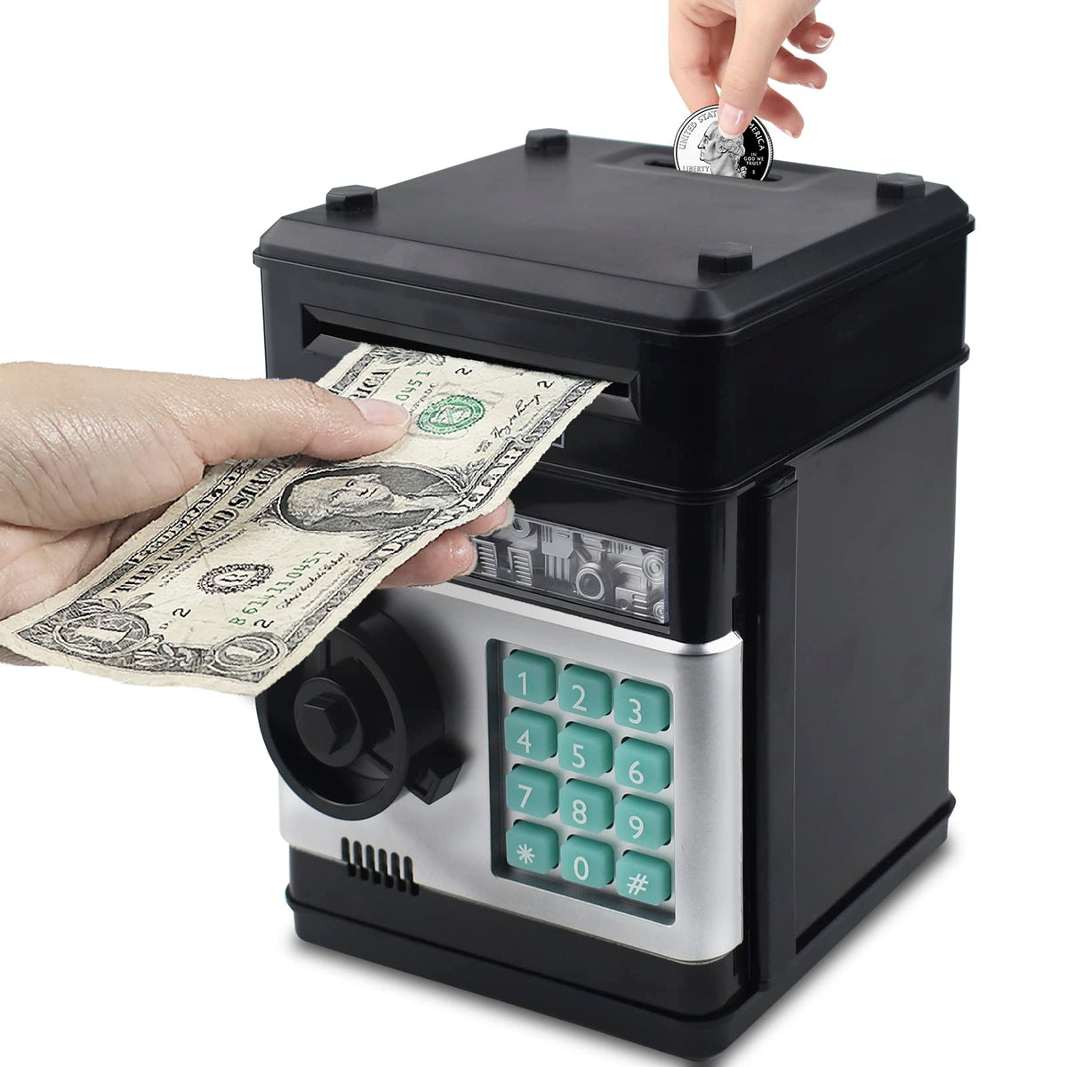 HUSAN piggy bank front view with secure 4-digit code for kids