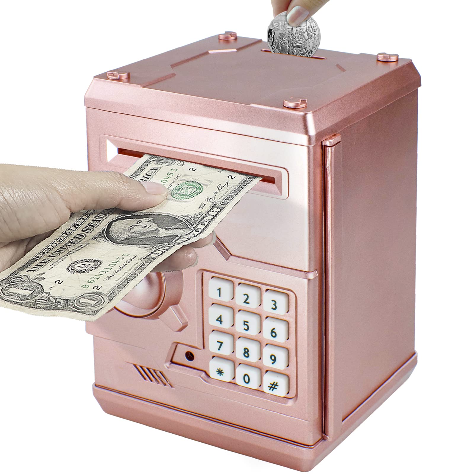 HUSAN Rose Gold Piggy Bank front view with secure storage