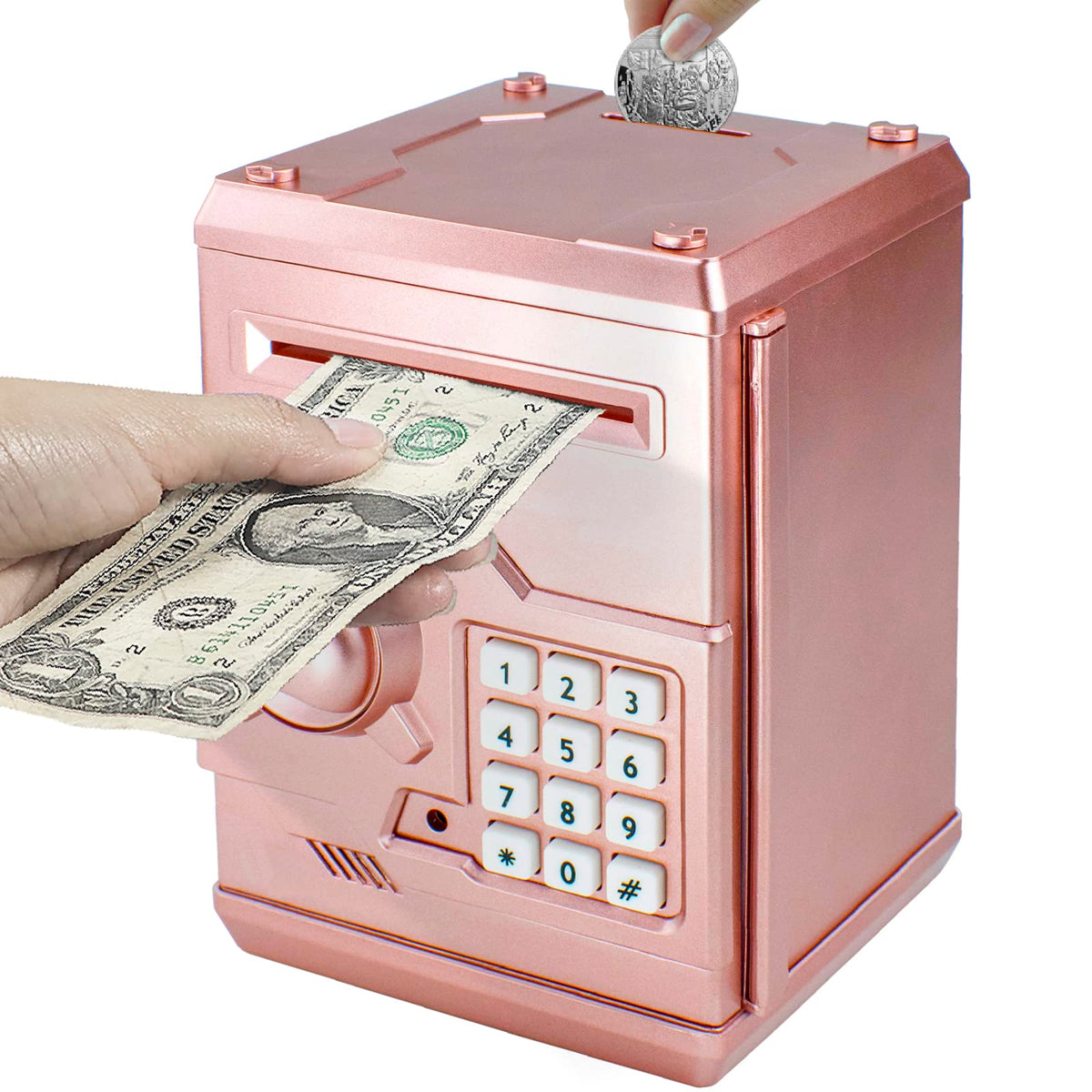 HUSAN Rose Gold Piggy Bank front view with secure storage