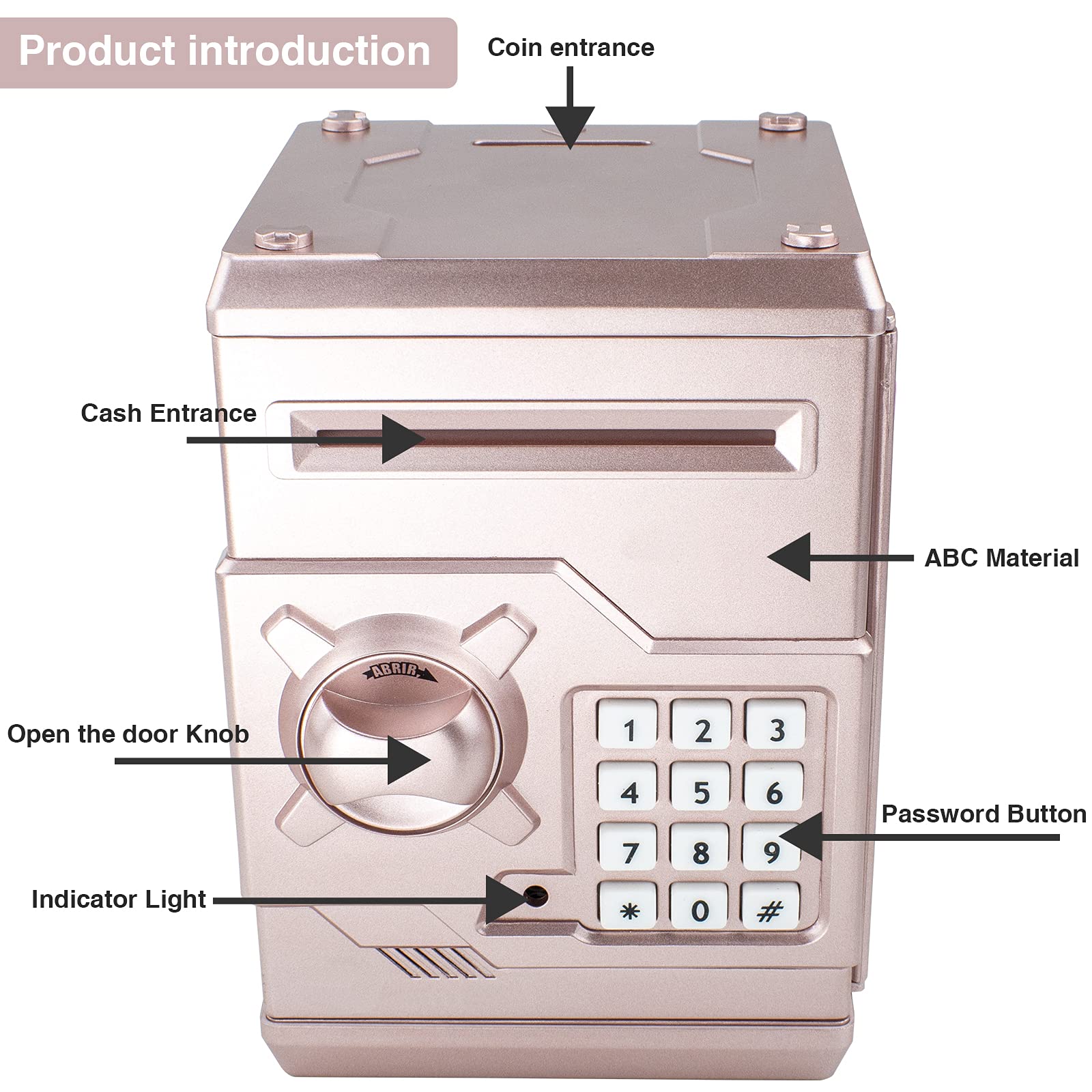 HUSAN Rose Gold Piggy Bank displaying 4-digit password lock