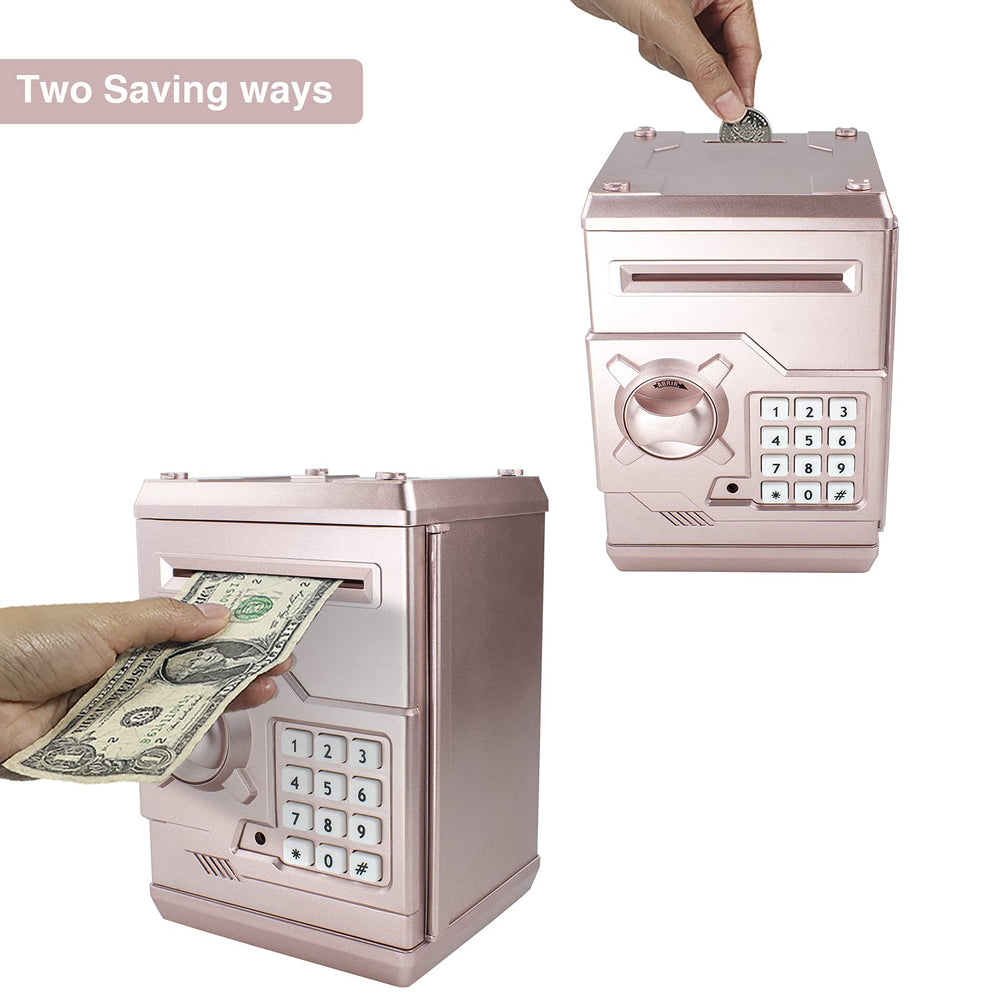 HUSAN Rose Gold Piggy Bank side view showing durable shell