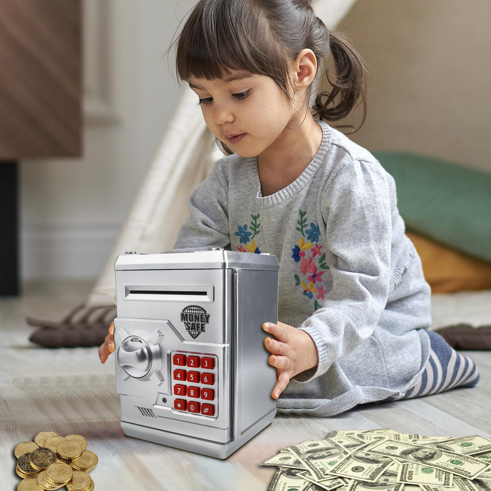 HUSAN piggy bank top coin slot for direct deposits.