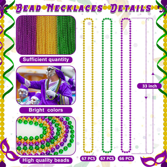 Huskein 33-inch bead necklace worn for vibrant Mardi Gras looks