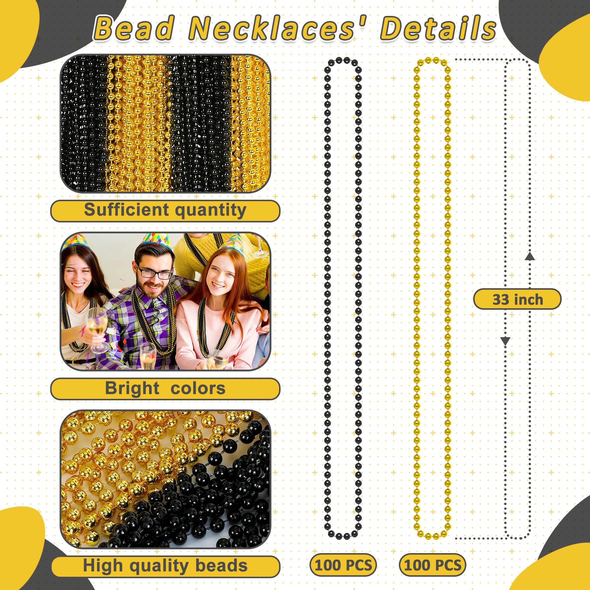 Huskein Mardi Gras beads in black and gold add festive flair